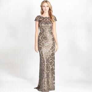 Tadashi Shoji $550 Illusion Yoke Lace Gown 6 Gray Gold Sequins Mother of Bride
